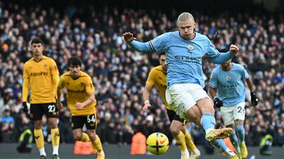 City striker Erling Haaland scores his second goal from the penalty spot. AFP