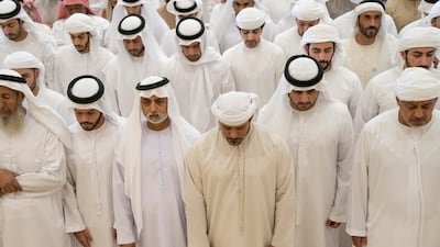 (R-L) Dr Sheikh Sultan bin Khalifa, Advisor to the President, Sheikh Maktoum bin Mohammed , Deputy Ruler of Dubai, Sheikh Mansour bin Tahnoon, Sheikh Nahyan bin Mubarak, Minister of State for Tolerance, and Sheikh Sultan bin Saeed, attend funeral prayers for Sheikha Hessa bint Mohammed in Al Ain. Hamdan Al Shamsi for Crown Prince Court - Abu Dhabi