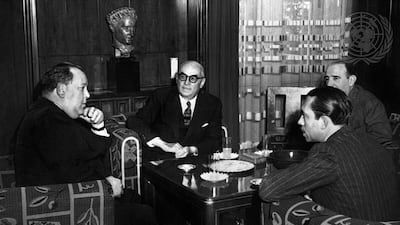 While in Turkey, Mr. Trygve Lie (left), United Nations Secretary-General, met Turkish leaders. This picture, taken in Ankara, during one of these meetings shows (l. to r.) Mr. Trygve Lie; President Celal Bayar of Turkey; an interpreter; and (partly hidden) Professor Fuat Koprulu, Ministter for Foreign Affairs. Mr. Lie's other contacts included talks with Premier Adnan Manderes.