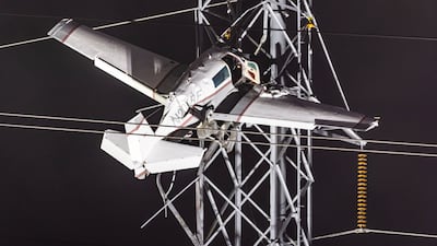 A small plane remains stuck after it crashed into power lines, knocking out electricity for tens of thousands of residents, in Gaithersburg, Maryland, US. EPA