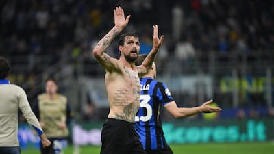 Inter Milan's Italian defender Francesco Acerbi celebrates after scoring his team's third goal. AFP