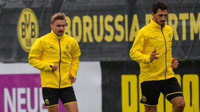 Dortmund's German defenders Marcel Schmelzer and Mats Hummels take part in a training session. AFP