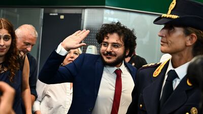 Egyptian activist Patrick Zaki arrives at Milan Malpensa Airport following his release from detention. AFP