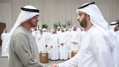 Sheikh Mohamed is offered condolences by a member of the medical team who worked with the late Sheikh Saeed bin Zayed