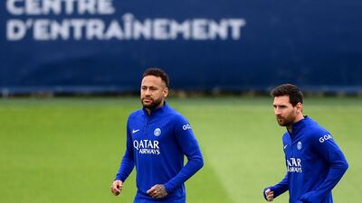 Neymar trains with Lionel Messi for their Champions League match against Maccabi Haifa in Israel. AFP