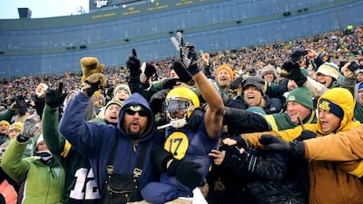 The Green Bay Packers’ Davante Adams, No 17, has never seen his side lose to the Detroit Lions, who they play on Sunday. Todd Rosenberg / AP Photo