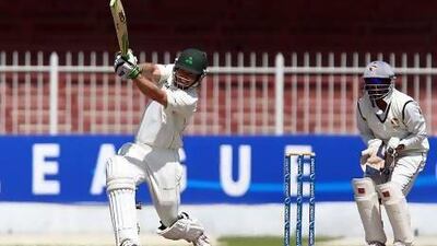 Ireland batsman Edmund Joyce, left, plays a shot during a ICC Intercontinental Cup match against UAE at the Sharjah Cricket Stadium in Sharjah yesterday. Satish Kumar / The National