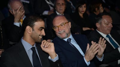 Mohamed Ebraheem Al Mahmood, Chairman and Managing Director of Abu Dhabi Media (left), and Aips president Gianni Merlo, in Paris to announce the sports awards. Guido De Bortoli for The National