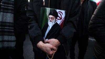 A poster of Iran’s late supreme leader Ayatollah Ali Khamenei, who was killed in joint US and Israeli strikes, in Tehran. AFP