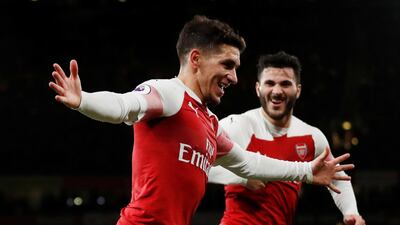 Arsenal's Lucas Torreira celebrates scoring a late winner against Huddersfield Town. Reuters