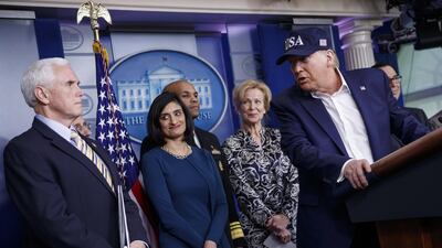 US President Donald Trump, right, looks at US Vice President Mike Pence while answering a question during a news conference in the briefing room of the White House in Washington EPA