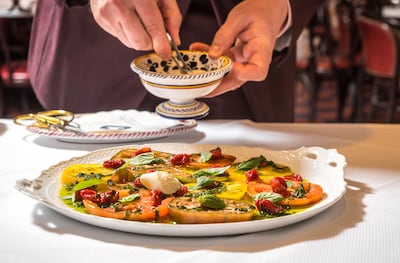 Caprese salad served at Carbone. The restaurant chain opened its ninth location in Dubai this year. Photo: Carbone