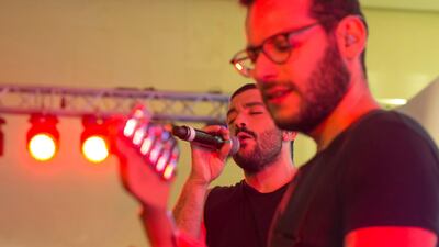 Mashrou Leila perform at Hay Festival at Atrium, Manaarat Saadiyat.