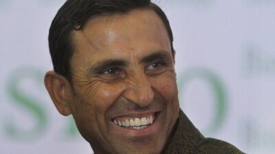 Pakistani cricketer Younis Khan smiles during a press conference in Lahore, Pakistan, on April 8, 2017. Fareed Khan / AP