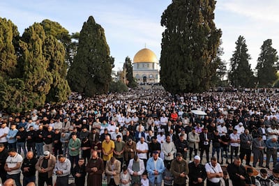 Worshippers perform Eid Al Adha prayers at Al Aqsa Mosque compound, in East Jerusalem. AFP