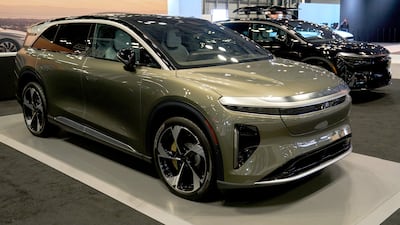 A 2026 Lucid Gravity displayed at this year's New York International Auto Show. Bloomberg