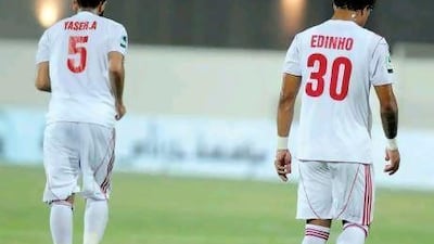 Yaser Al Juneibi, left, Edinho and the rest of the Sharjah team may find their exit from the Pro League only temporary if the call to expand to 14 teams is accepted.