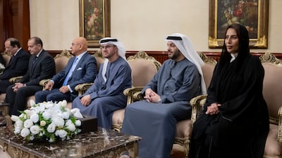 Mariam Khalifa Al Kaabi, UAE Ambassador to Egypt, Dr Ahmed Mubarak Al Mazrouei, Abu Dhabi Executive Council member and Chairman of the Abu Dhabi Executive Office, and other Egyptian dignitaries attend a meeting with Mr El Sisi, in Cairo. Photo: Hamad Al Kaabi / UAE Presidential Court