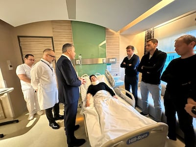 Turkey's Interior Minister Ali Yerlikaya visits referee Halil Umut Meler who was punched in the face at the end of yesterday's Super Lig match between Ankaragucu and Rizespor at a hospital in Ankara on Tuesday. Reuters