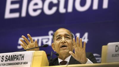 India’s Chief Election Commissioner VS Sampath announces dates for the country’s national elections in New Delhi, India, Wednesday, March 5. Manish Swarup / AP Photo