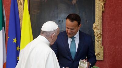 Pope Francis exchanges gifts with Irish Prime Minister Leo Varadkar. AP Photo