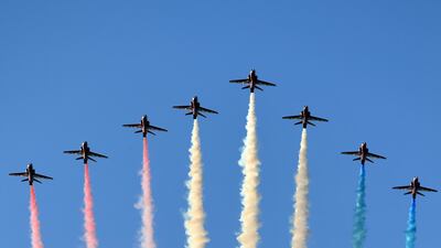 The Red Arrows fly over Carbis Bay and St Ives during the G7 summit. Getty