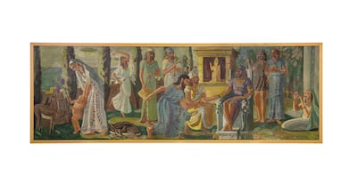 One of Blanche Daoud Ammoun’s surviving Phoenician Treaties murals, this explores diplomacy and exchange through the relationship between Tyre and King Solomon’s court. Photo: Barjeel Art Foundation