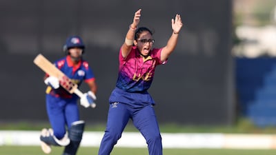 UAE bowler Mehak Thakur successfully appeals for the wicket of Nepal's Puja Mahato for 21.