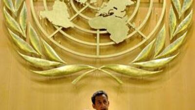 The French president, Nicolas Sarkozy, speaks to the International Labour Organisation's 183-member states at a mini-summit on the global economic crisis on June 16 2009.