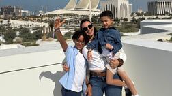 Fadah Jassem with her sons Ameen, left, and Maleek on the roof of the Natural History Museum Abu Dhabi. Photo: Fadah Jassem / The National