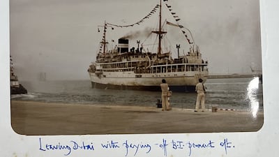 The Dwarka leaves Dubai for the last time in May 1982 flying her paying-off pennant, the flag that signifies the ship is coming out of service. Photo: Robert Woods