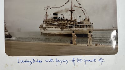 The Dwarka leaves Dubai for the last time in May 1982 flying her paying-off pennant, the flag that signifies the ship is coming out of service. Photo: Robert Woods