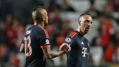 Bayern Munich's Arturo Vidal celebrates scoring their first goal with Franck Ribery in the Champions League on Wednesday night. Rafael Marchante / Reuters / April 13, 2016