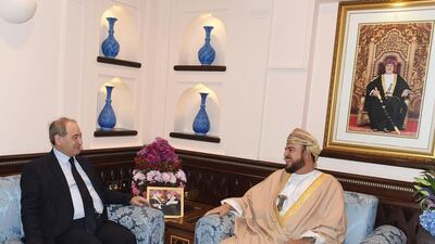 Sayyid Asaad bin Tariq Al Said, Deputy Prime Minister for Relations and International Cooperation and Special Representative of His Majesty Sultan Qaboos, receives Syrian Foreign Minister Faisal Mekdad. Oman News Agency
