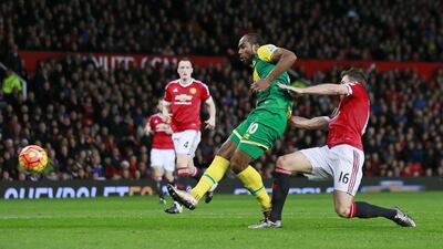 Cameron Jerome of Norwich City scores their opening goal on Saturday against Manchester United. Jason Cairnduff / Action Images / Reuters
