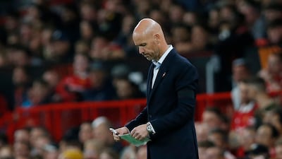Manchester United manager Erik ten Hag looks puzzled on the touchline. Reuters