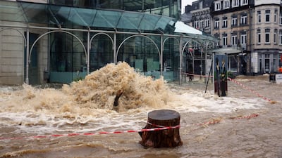 A view of a flooded street in the city centre of Spa, Belgium.