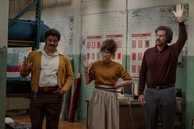 Cornell Womack, Kathryn Hahn and Will Ferrell in “The Shrink Next Door,” premiering November 12, 2021 on Apple TV+. Photo: Apple TV+