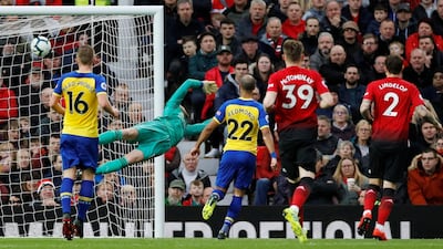 Manchester United's David de Gea fails to save a shot by Valery. Reuters