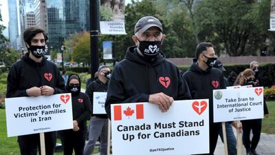 A protest in Canada of families who lost loved ones when Flight PS752 was shot down over Tehran last year. Getty