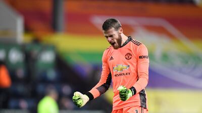 Manchester United' goalkeeper David de Gea celebrates Pogba's goal. AP