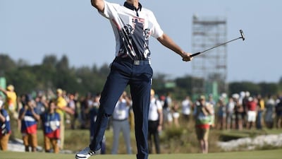 Justin Rose of Great Britain reacts after sinking his final putt to win the gold medal on the eighteenth hole during the final round of the Rio 2016 Olympics men’s golf tournament at the Olympic Golf Course in Barra da Tijuca, Rio de Janeiro, Brazil, 14 August 2016. Facundo Arrizabalaga / EPA