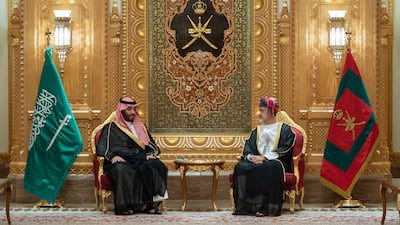 Sultan Haitham and Prince Mohammed hold talks at Al Alam Palace in Muscat. Prince Mohammed is on a tour of the Gulf region. Photo: Oman News Agency