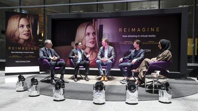 From left, Shane O’Hare, Peter Baumgartner, Coen Doolard and Malcolm Poynton at Etihad Airways’ headquarters during yesterday’s webcast announcing the airline’s virtual reality advertising campaign featuring Nicole Kidman. Christopher Pike / The National