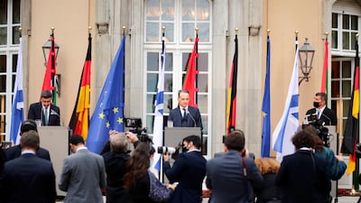 UAE Foreign Minister Sheikh Abdullah bin Zayed, his Israeli counterpart Gabi Ashkenazi and German Foreign Minister Heiko Maas attend a news conference following their historic meeting at Villa Borsig in Berlin, Germany. Reuters