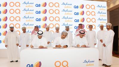 Sabic, OQ and Kuwait Petroleum International executives at the signing ceremony. Photo: Sabic