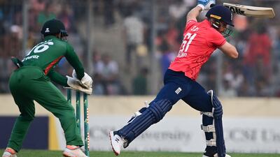 England's Phil Salt is stumped by Bangladesh wicketkeeper Liton Das for a first-ball duck. AFP