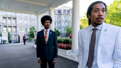 Tennessee state representatives Justin Pearson and Justin Jones outside the White House. AP