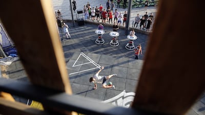 A performer at the Local Freestyle football championship at Adrenaline Park in Tehran