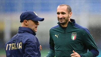 Italy defender Giorgio Chiellini during training at the San Siro in Milan on Tuesday. AFP